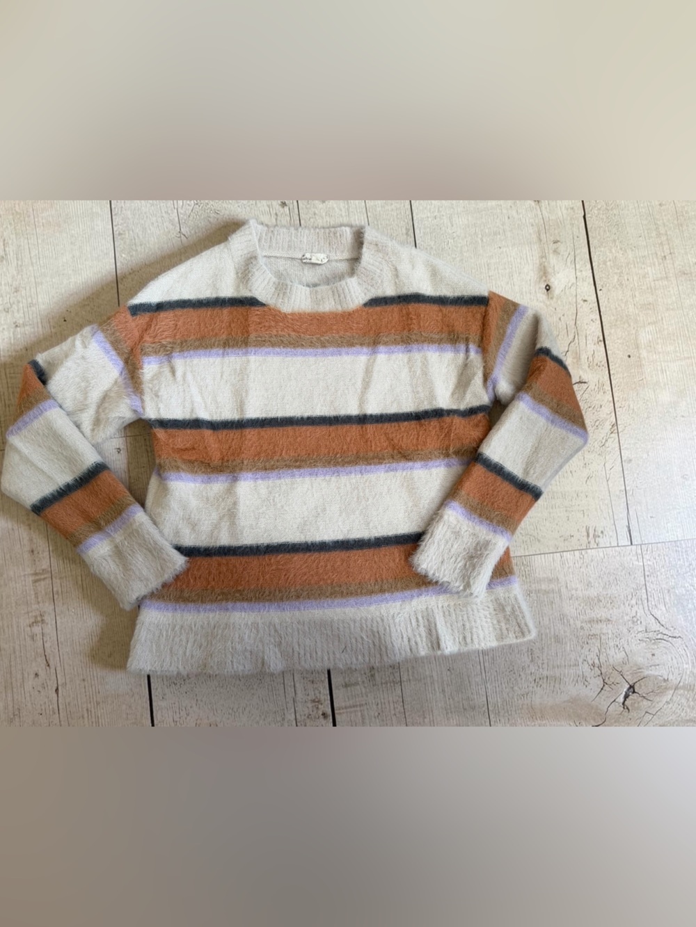 Hem & Thread Cream Crewneck Sweater with Rust, Lavender & Charcoal Stripes